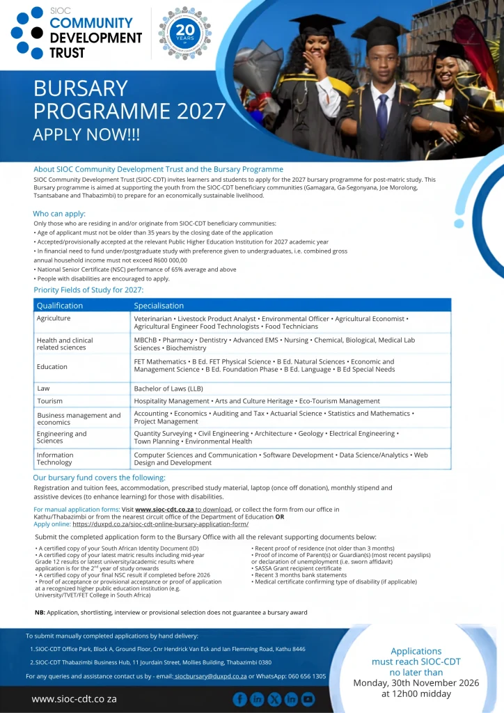 SIOC-CDT bursary 2027 programme poster for beneficiary community students